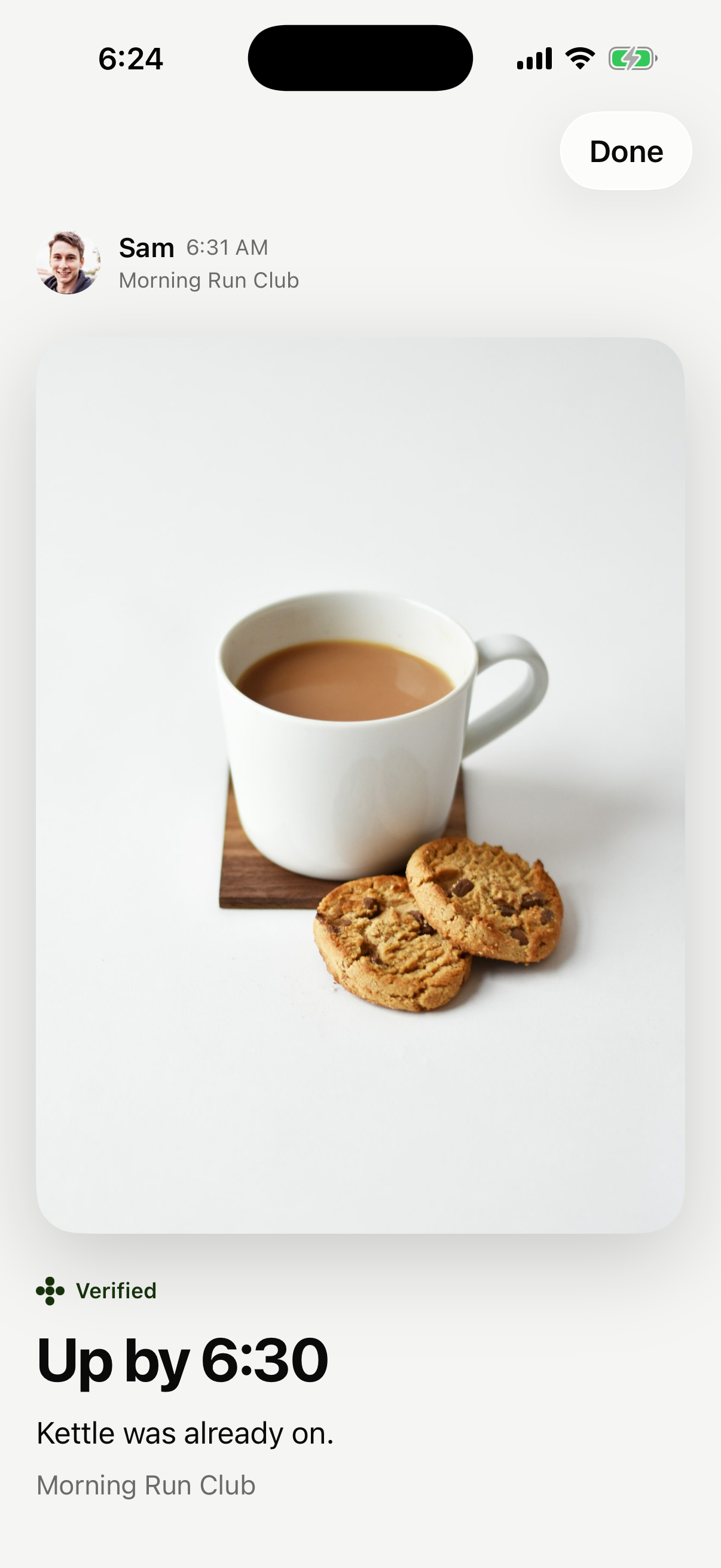 Sam's proof in Tap In: up by 6:30, with a photo of the morning's coffee. Verified.